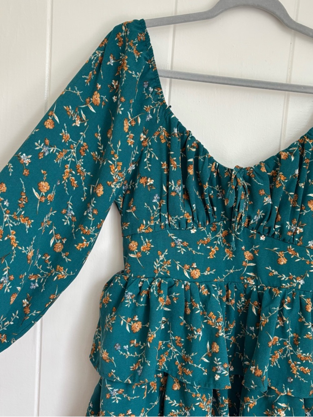 Teal Floral Tiered Long-Sleeve Dress by - Picture 3 of 6